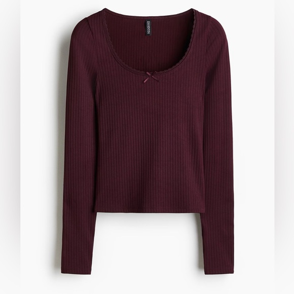 H&M RIBBED JERSEY TOP Burgundy Size XS - Picture 5 of 7